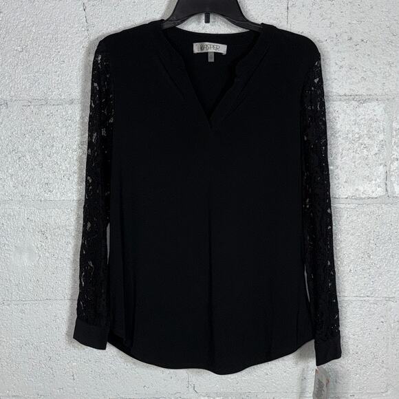 Kasper Women's Split-Neck Lace-Sleeve Blouse - Black Small $79 - Picture 1 of 10